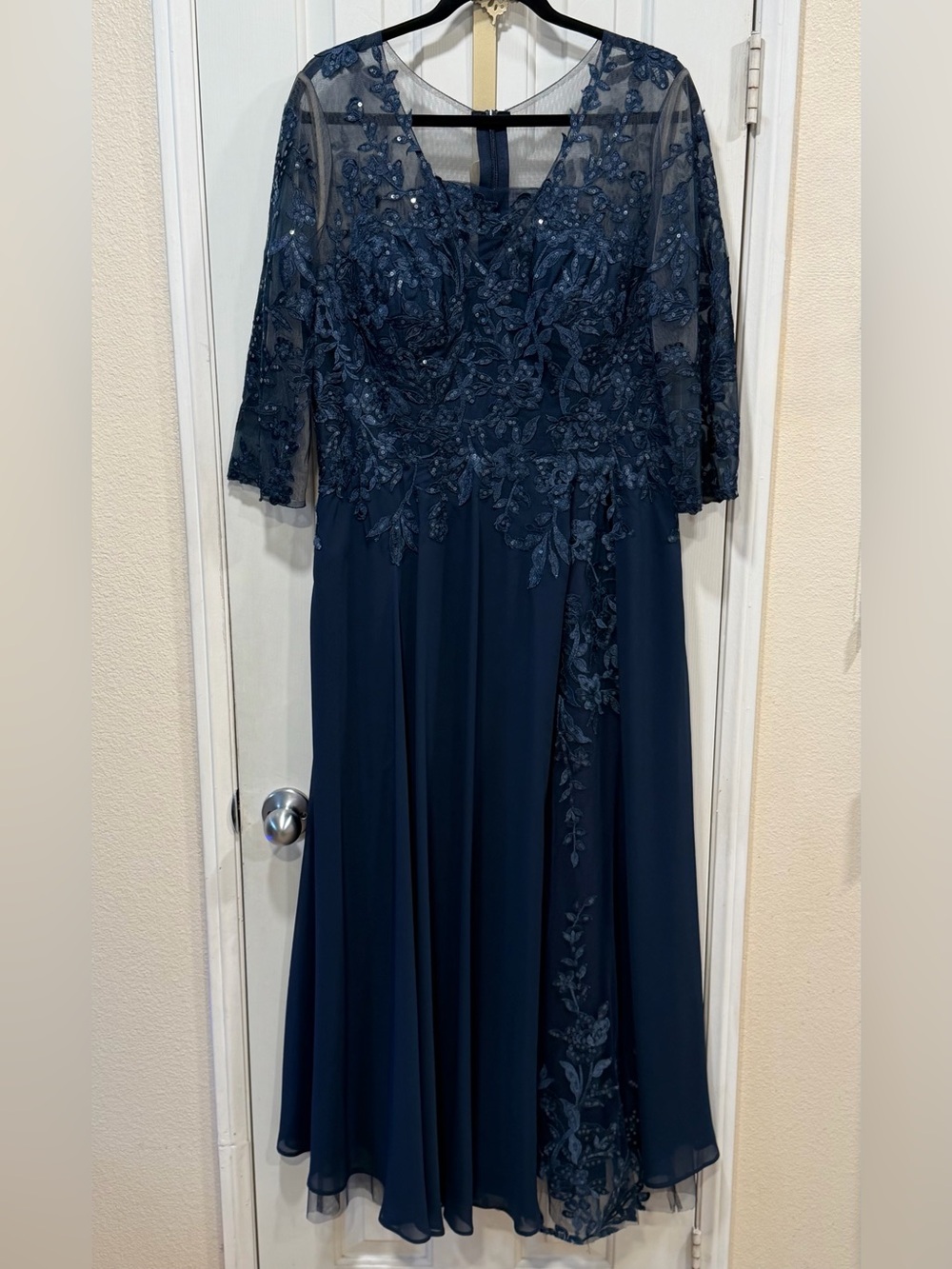 JJ's House Navy Chiffon Lace Applique Embroidered Formal